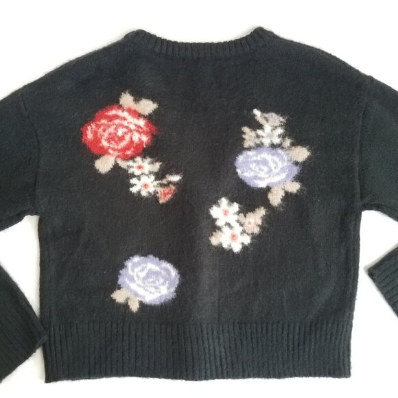 Forever 21 Black Floral Short Cardigan Sweater LARGE Red Blue Fuzzy Soft - Picture 2 of 15